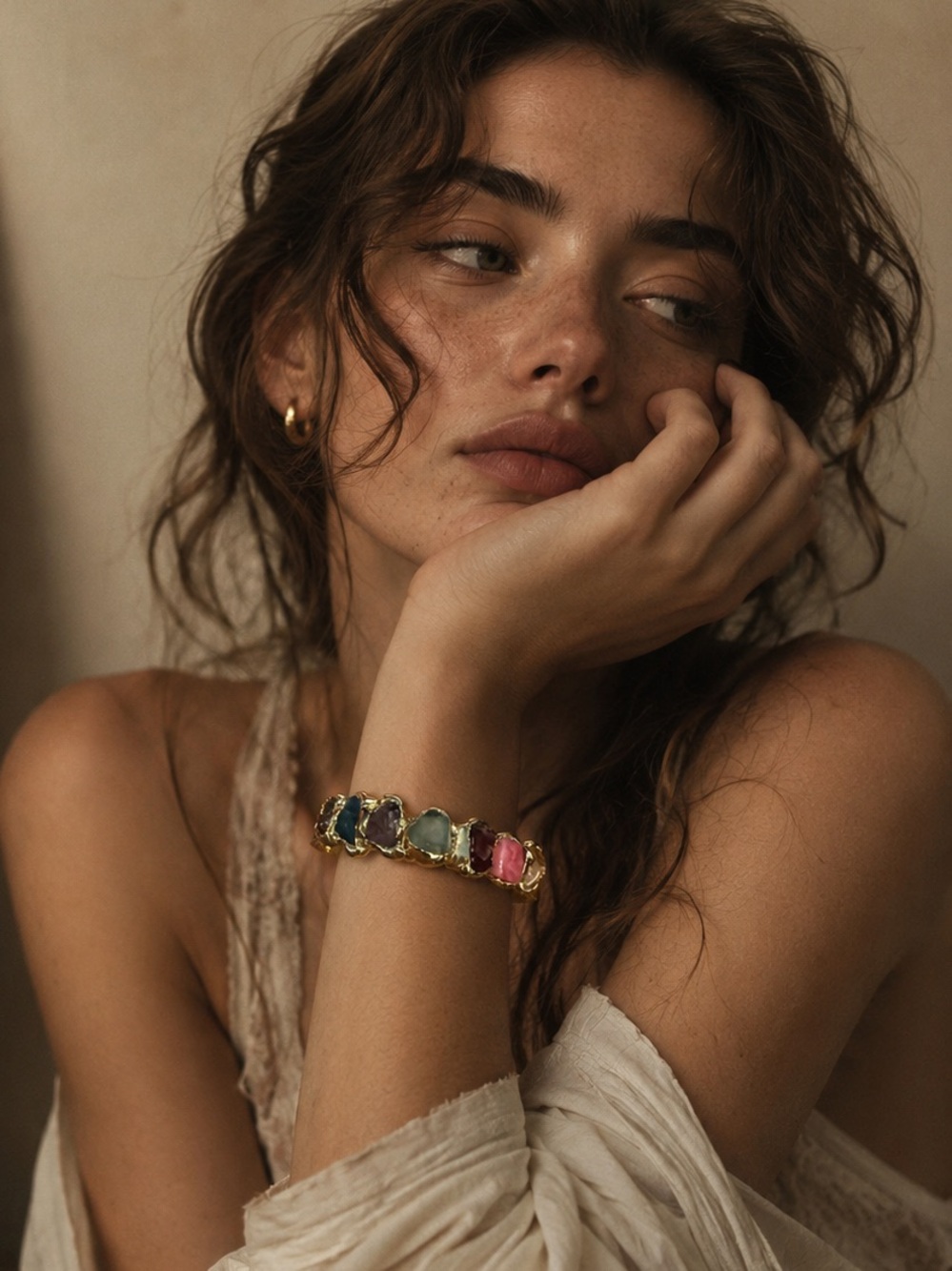Gold Vermil Multi-Gem Stone Cuff Bracelet - Pink, Green, Blue art to wear